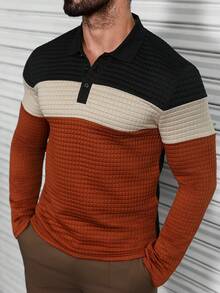 Manfinity CasualCool 男士休闲纹理撞色 Polo 衫，黑橙拼接，男士长袖针织衫，男士 Polo 衫，长袖，复古风格，适合日常休闲、周末旅行、户外活动、探险旅行、轻松的工作环境，可作为男友/丈夫礼物、周年纪念/生日礼物、派对、暑假、新年、婚礼、情人节等场合穿着。 - 彩色 - 查看 5