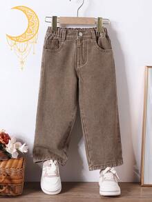 SHEIN Young Girl Retro All-Match Casual Loose Comfortable Flare Leg Coffee Brown Denim Jeans Summer Holiday - Coffee Brown - View 3