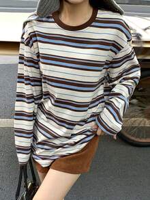 DAZY 女士休闲条纹宽松长袖圆领T恤 - 咖啡棕 - 查看 5
