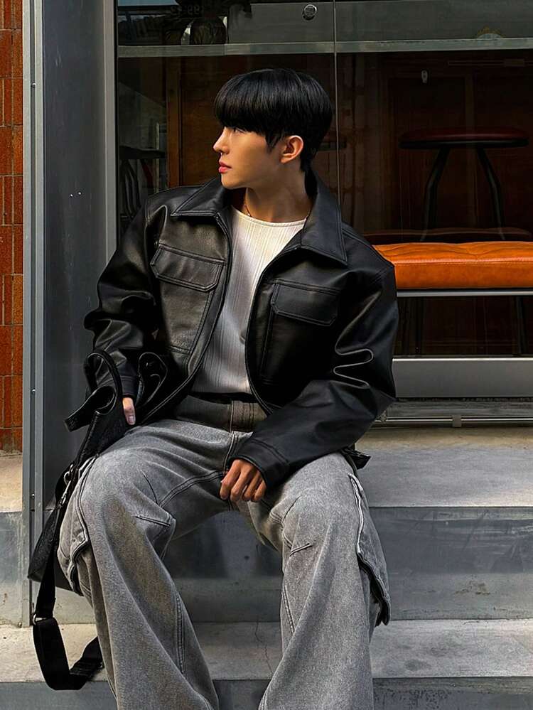 Men's Solid Black Short PU Leather Jacket, Spring/Autumn