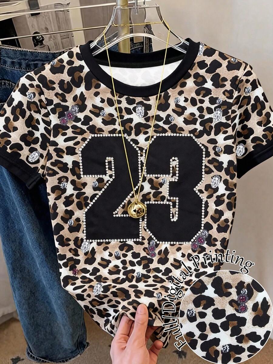 Resyla Women's Leopard Print Numeric Graphic Round Neck Short Sleeve T-Shirt - Multicolor - View 1