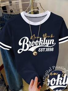 Resyla 女士撞色滚边休闲圆领短袖T恤，夏季 - 彩色 - 查看 1