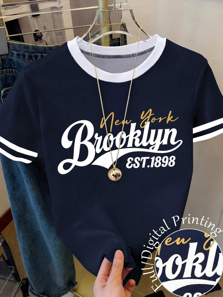 Resyla 女士撞色滚边休闲圆领短袖T恤，夏季 - 彩色 - 查看 1