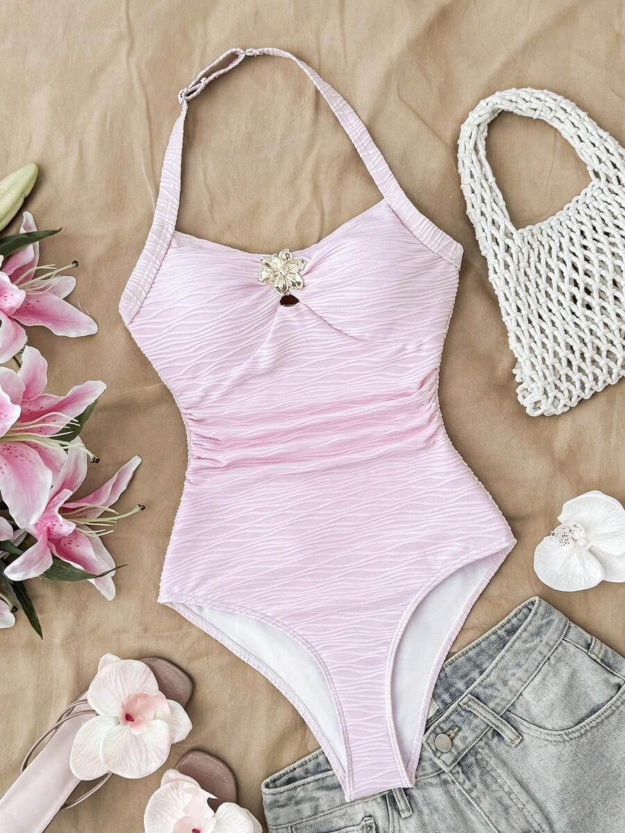 SHEIN Teen Girls Vacation Halter Tie V-Neck Floral Metal Buckle White Knit Textured Snug Fit One-Piece Swimsuit - Pink - View 1