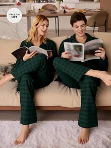 SHEIN 格子印花泡泡褶男士长袖开衫和裤子睡衣套装