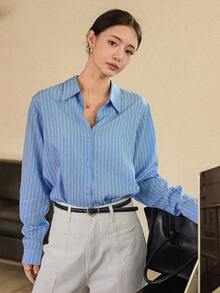 Dazy-Less Women's Casual Commuter Striped Print Button-Up Shirt Business Casual Woman - Blue - View 6