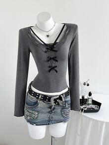 Elamini Women's Fashion Bow Lace Trim T-Shirt