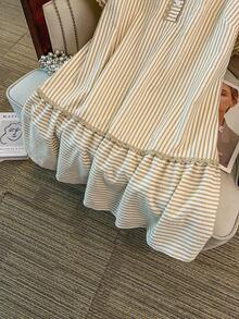 SHEIN Clasi Đầm nữ cỡ lớn kẻ sọc cổ bẻ, đầm thường ngày, đầm đi nghỉ mát, đầm ngoài trời. - Màu be - Xem 13