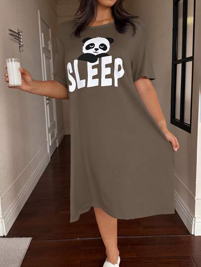 Dream Adore 大码女式休闲熊猫字母印花圆领短袖睡裙/家居服