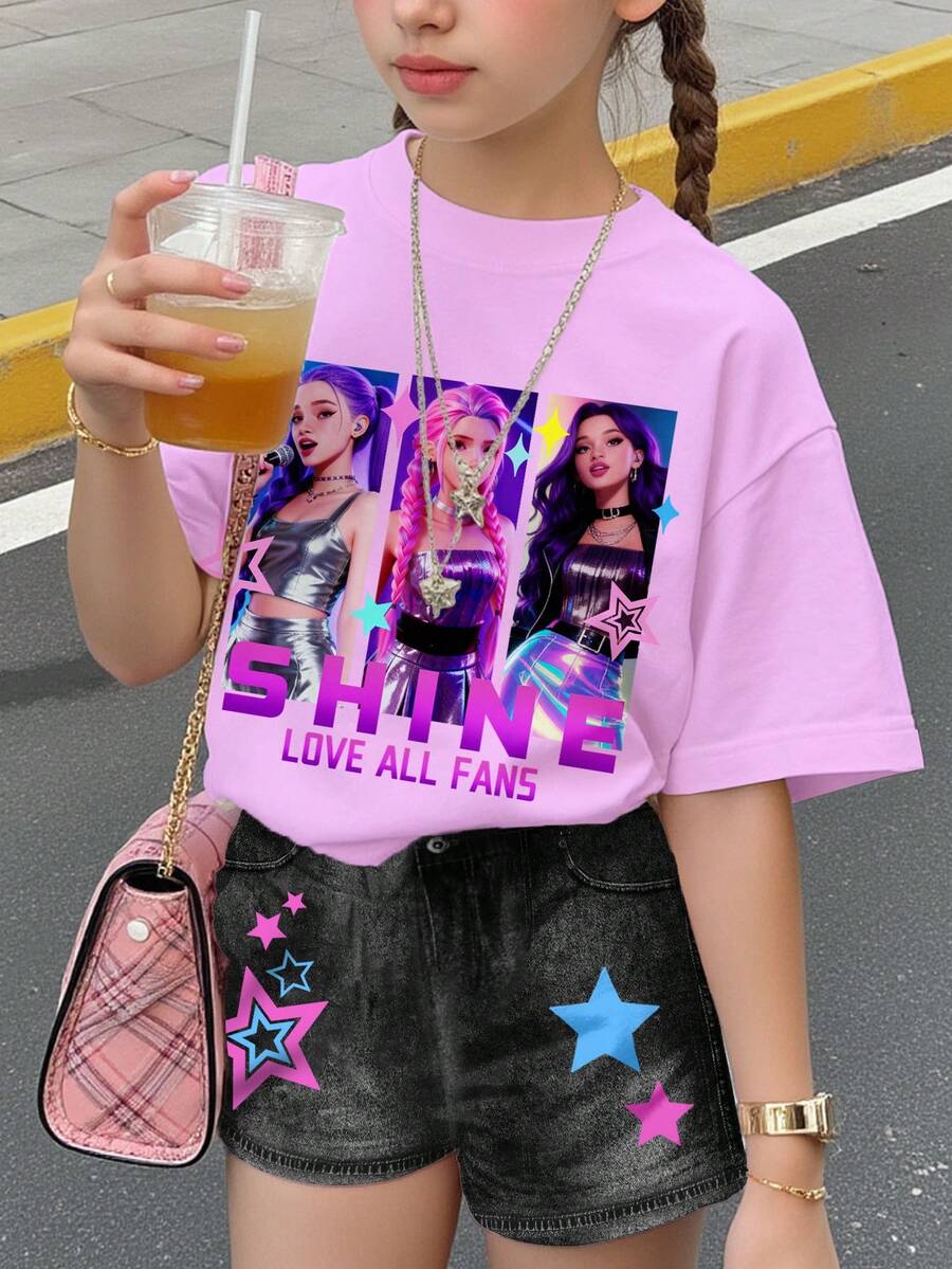 亮紫色和黑色卡通女孩肖像印花,K-Pop 超级明星图案,少女休闲简约短袖圆领T恤和短裤两件套,适合春夏日常、外出、街头风、校园、度假等场合。 - 彩色 - 查看 1