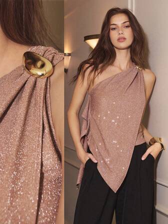 Maija Blusa de mujer de unicolor con bajo asimétrico y sin mangas, de moda brillante