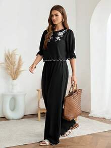 Easowa 2pcs/Set Women's Casual Floral Embroidered Ruffle Sleeve Blouse And Elastic Waist Wide Leg Pants Suit, Elegant Commuter Vacation Outfit, Spring/Summer