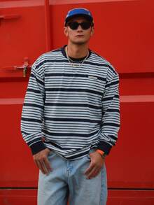 DAZY 男士休闲条纹圆领落肩长袖T恤，春秋季 - 彩色 - 查看 4