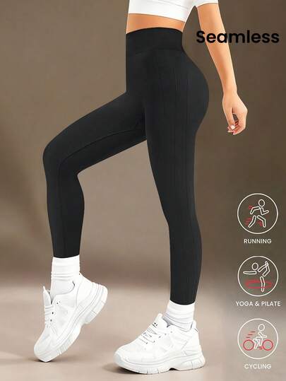High Waist Ribbed Seamless Black Skinny Leggings, Suitable For Teenage Girls - Cloud-Like Soft As Second Skin, Four-Way Stretch, Suitable For Running, Cycling, Yoga And Other Sports & Casual Wear