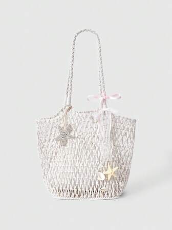 Fairycore 1 Set beige gewebte Strandtasche & Accessoires, modische personalisierte Strandresort-Stil Damen Strandtasche (beinhaltet 1 Tasche und 1 Set Accessoires)