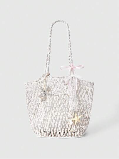 Fairycore 1 Set beige gewebte Strandtasche & Accessoires, modische personalisierte Strandresort-Stil Damen Strandtasche (beinhaltet 1 Tasche und 1 Set Accessoires)