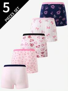5pcs Girls' Heart & Bow Minimalist Cute Multi-Color Cotton Printed Panties Set - Multicolor - View 2