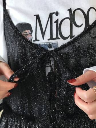 FRIFUL Camiseta sin mangas de mujer con lazo delantero y volante en el bajo, de unicolor y brillante