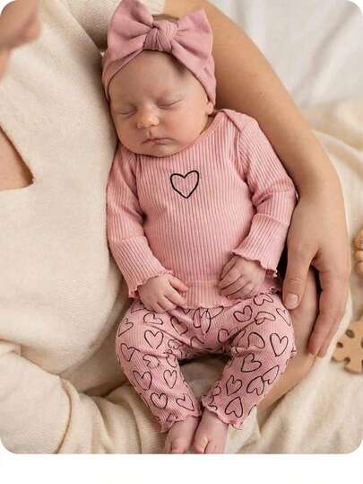 Newborn Baby Girl Cute Casual Knit Pink Long Sleeve Top & Heart Pattern Elastic Waist Pants Homewear Set