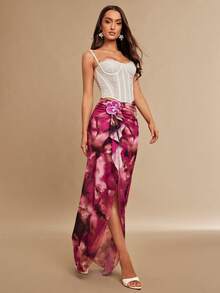 Silquee Women's 3D Orchid-Decorated Floral Print Midi Skirt,Deep Purple,Autumn,Elegant,Party Ruffled Hem Side Slit Long Vacation Skirt For Beach - Multicolor - View 5