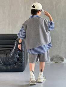Bộ 3 món cho bé trai/thiếu niên, phong cách thường ngày thoải mái: áo khoác cardigan cổ polo kẻ sọc, áo vest không tay và quần short màu trơn. - Nhiều màu - Xem 3