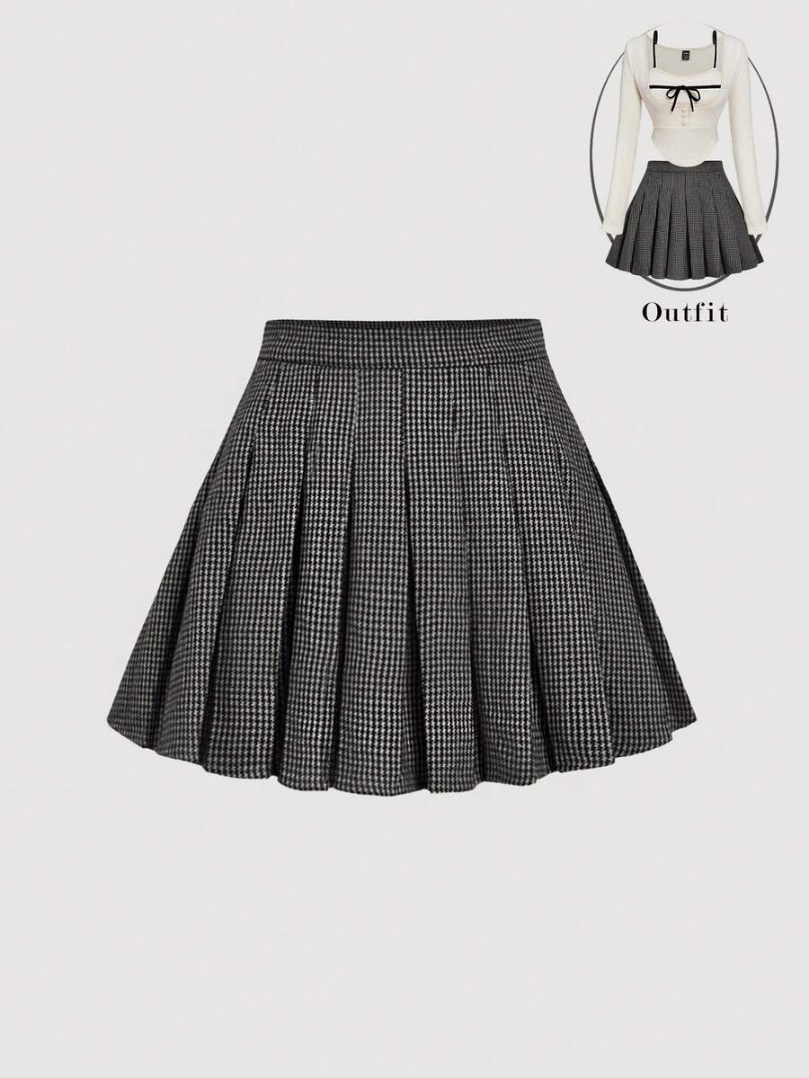 SHEIN MOD 格纹羊毛百褶裙，学院风A字裙 - 深灰色 - 查看 1