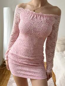SHEIN EZwear 女士粉色蕾丝优雅中长露肩连衣裙