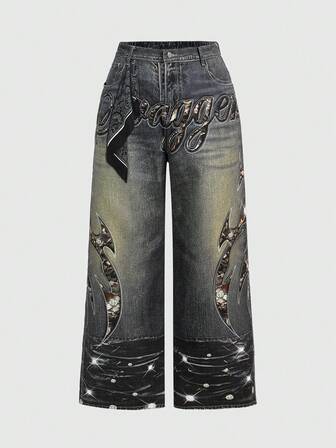 Grunge Punk Jeans imprimés de strass style grunge-punk lavé Y2K, pantalon en jean grande taille