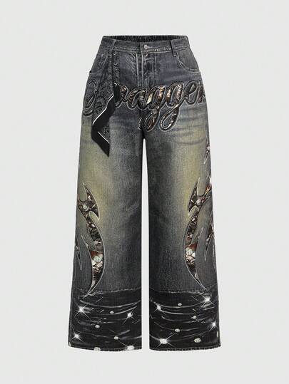 Grunge Punk Jeans imprimés de strass style grunge-punk lavé Y2K, pantalon en jean grande taille