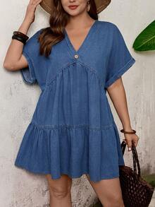 EMERY ROSE EMERY ROSE Plus Size Women's V-Neck Batwing Short Sleeve Ruffle Hem Loose Denim Dress,Dark Blue,Summer,Boho,Vacation,Holiday Beach Casual Party Cocktail Outfits - Blue - View 6