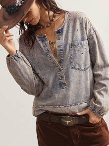 Bohemela Plus Size Casual Medium Wash Denim Top With Random Print And Drop Shoulder Long Sleeves - Medium Wash - View 5