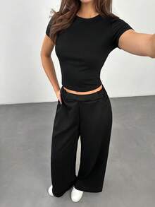 SHEIN Tall 夏季灰色紧身短袖T恤和宽松运动裤两件套，休闲装 - 黑色 - 查看 7