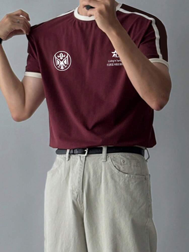 Men's Letter Print Contrast Color Collar T-Shirt, Wine Red, Summer