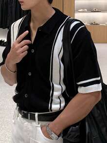 DAZY Men's Black, Brown, White Striped Knit Sweater, Spring/Summer - Black and White - View 5