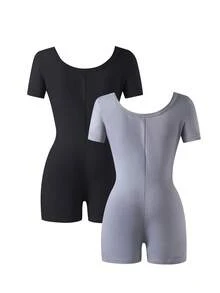 Genkimix Kids Bộ 2 món áo liền quần tay ngắn mùa hè cho bé gái, mẫu mới 2026, màu trơn đơn giản, ôm sát, chất liệu co giãn, màu đen và xám, đa năng cho cả mặc trong nhà và ngoài trời. - Nhiều màu - Xem 2