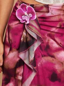 Silquee Women's 3D Orchid-Decorated Floral Print Midi Skirt,Deep Purple,Autumn,Elegant,Party Ruffled Hem Side Slit Long Vacation Skirt For Beach - Multicolor - View 7
