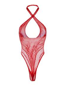 ChaseTheNight Bộ đồ liền thân lưới lưới màu xanh gợi cảm không tay co giãn cao dành cho nữ, thích hợp mặc đi biển, đi biển, tiệc tùng và sự kiện khi đi chơi - Đỏ - Xem 2