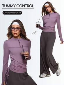 Eassivo Eassivo Women's Mauve Zip-Up Drawstring Top & Coffee Wide Leg Pants Set,Two Piece Athleisure, Modest Active Wear Set,Modest Gym Wear Women - Grey - View 4