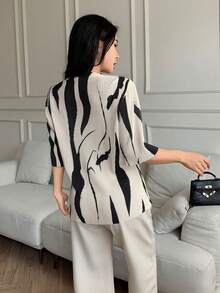 EMERY ROSE 不对称印花立领褶皱修身女式短袖 T 恤