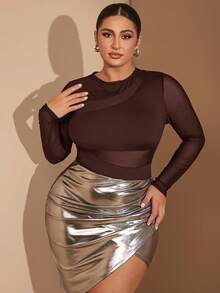 SHEIN BAE 1pc Plus Size Women's Black Crew Neck Sexy Sheer Hollow-Out Mesh Contrast Asymmetrical Bodysuit, Autumn/Winter,Valentine's Day,Valentine Outfits For Women - Coffee Brown - View 7