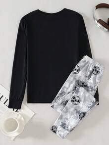 2件套青少年男童休闲舒适柔软亲肤酷炫涂鸦足球印花圆领长袖长裤针织弹力面料睡衣套装 - 彩色 - 查看 2