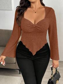 Vionelle 大码女式休闲度假风纯色心形领喇叭袖扭结前襟不对称下摆修身T恤，春秋季 - 橘色 - 查看 1