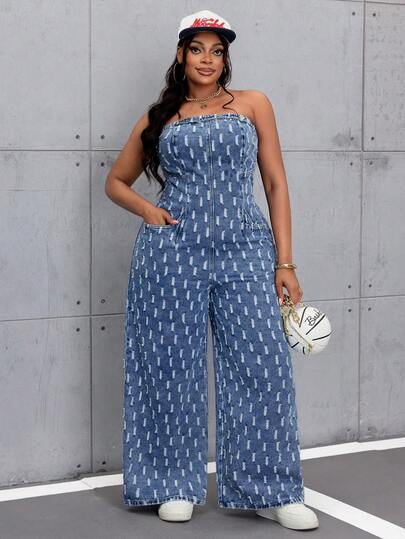 Slaydiva New Plus-Size Women's Denim Jumpsuit With Ripped Pockets, Strapless Design, Wide-Leg Style, Fashionable Denim Jumpsuit, Blue Jumpsuit. Y2K, Perfect For Outdoor Wear.Music Festivals. Summer Spring Clothes Women Going Out Casual Outfit For Women