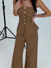 Firerie 女士优雅简约金属纽扣吊带背心和高腰阔腿卡其裤两件套，适合通勤、休闲、度假穿着。 - 摩卡棕 - 查看 7