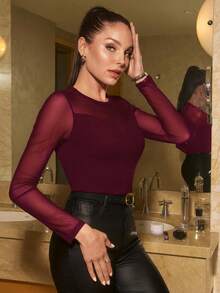 Lavishia 女士纯色网纱拼接透视连体衣 - 紫紅色 - 查看 5