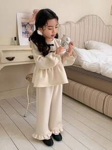 DAZY Young Girls Round Neck Bow Ruffle Trim Long Sleeve Sweatshirt And Casual Ruffle Trim Flared Pants Set - Apricot - View 5