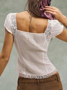 Bohemela Carnival BOHO  Summer   Valentine's Day   Vacation  White Top  Casual Solid Color Woven Patchwork Sweetheart Collar Short Sleeve Women Shirt - Apricot - View 7