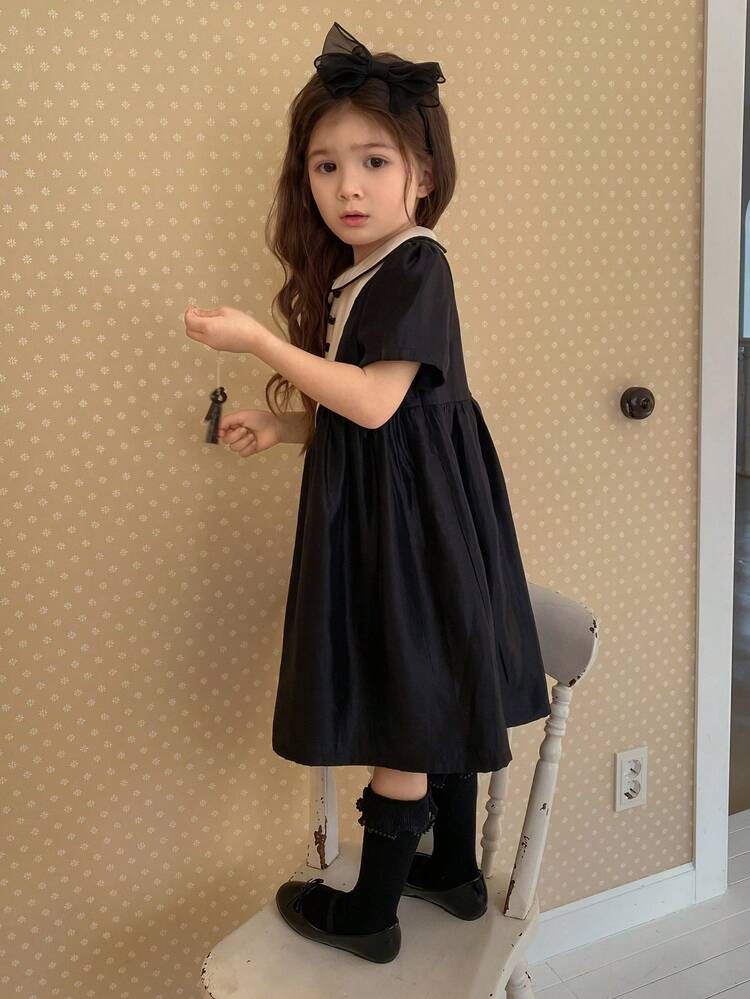 Young Girl' Colorblock Korean Style Casual Peter Pan Collar Patchwork Short Sleeve Dress