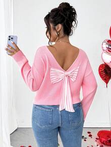 Elenzga Women's Casual V-Neck Bow Tie Long Sleeve Loose Fit Plus Size Sweater,Cerise Pink,Autumn,Cute,Wedding Ninang Outerwear Pink Bow Cute Winter Sweaters - Pink - View 8