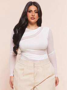 SHEIN BAE 大码女式黑色透视网纱拼接不对称连体衣，长袖，性感时尚，秋冬款 - 白色 - 查看 5